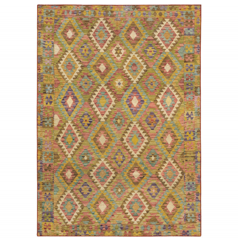 2 X 3 Gold Orange Brown Red Green Purple And Beige Southwestern Printed Stain Resistant Non Skid Area Rug Image 1