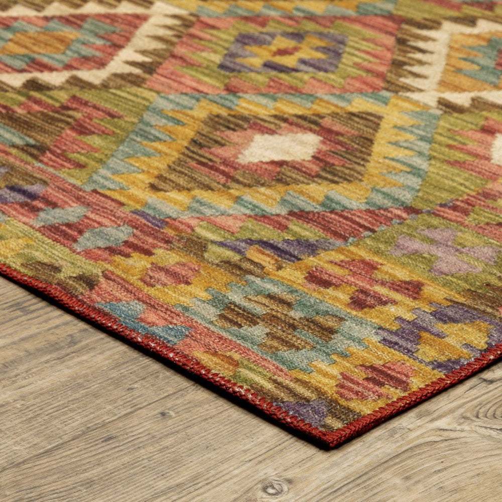 2 X 3 Gold Orange Brown Red Green Purple And Beige Southwestern Printed Stain Resistant Non Skid Area Rug Image 2