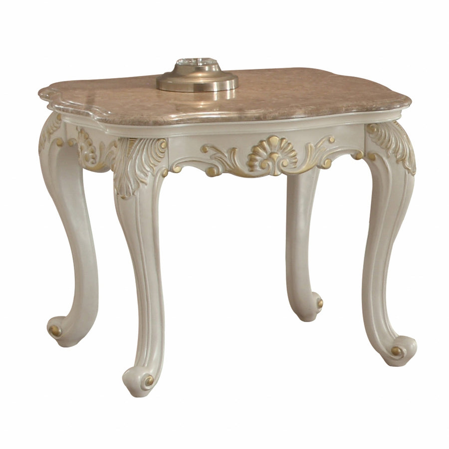 24" Pearl White Brushed With Gold Accents And Light Brown Marble End Table Image 1