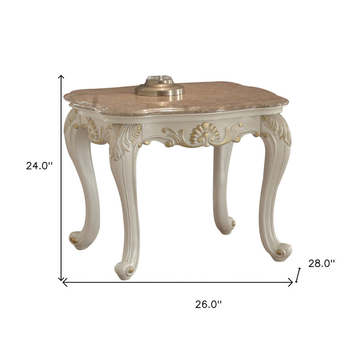 24" Pearl White Brushed With Gold Accents And Light Brown Marble End Table Image 3