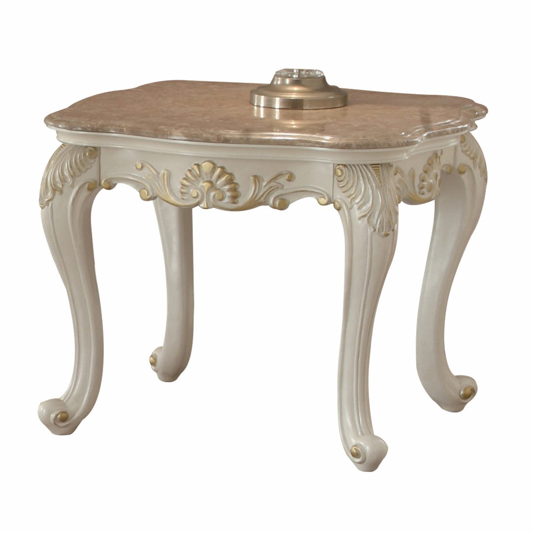 24" Pearl White Brushed With Gold Accents And Light Brown Marble End Table Image 4