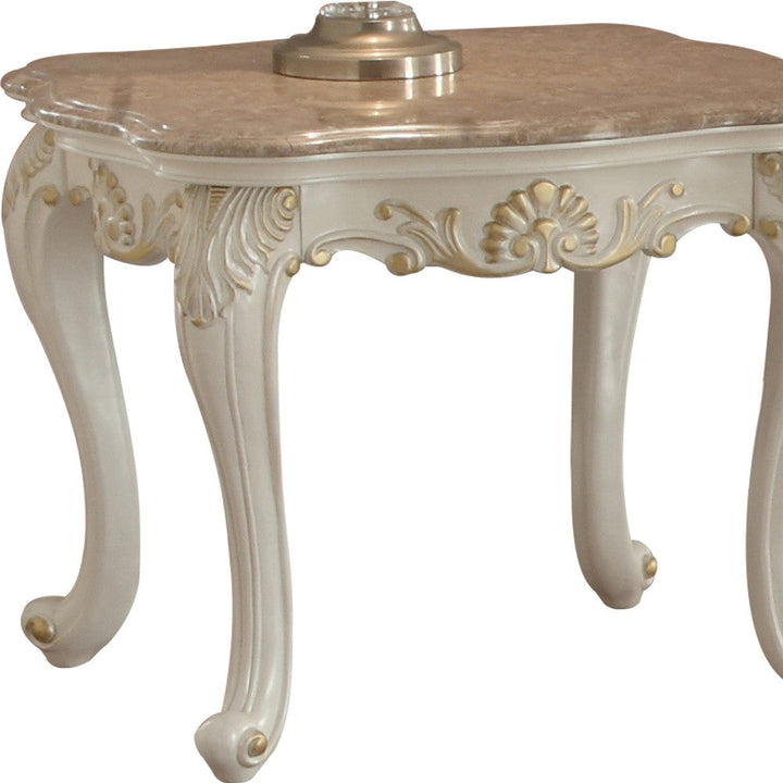 24" Pearl White Brushed With Gold Accents And Light Brown Marble End Table Image 5