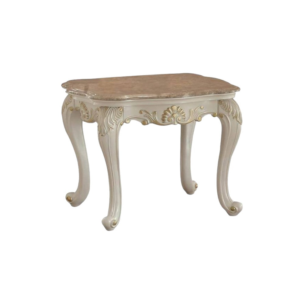 24" Pearl White Brushed With Gold Accents And Light Brown Marble End Table Image 7