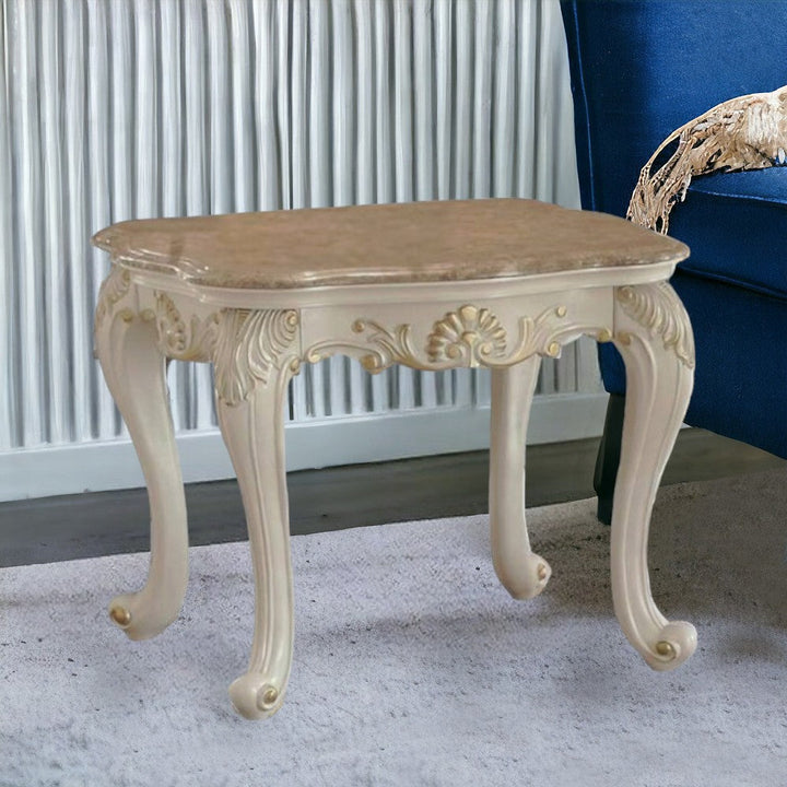 24" Pearl White Brushed With Gold Accents And Light Brown Marble End Table Image 8