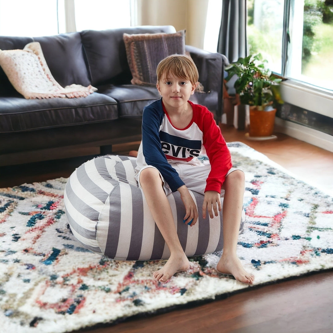 32" Gray and White Microfiber Round Striped Pouf Cover Image 2