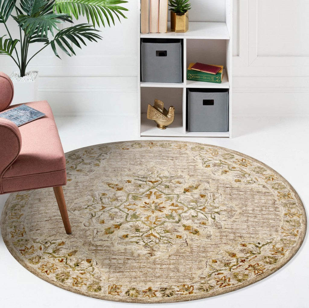 6 Round Beige Distressed Medallion Area Rug Image 2