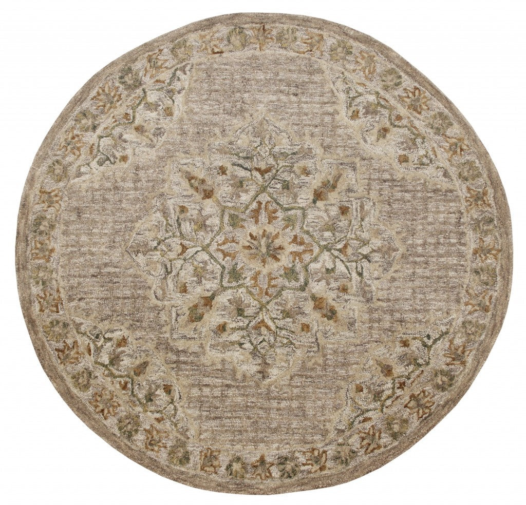 6 Round Beige Distressed Medallion Area Rug Image 1