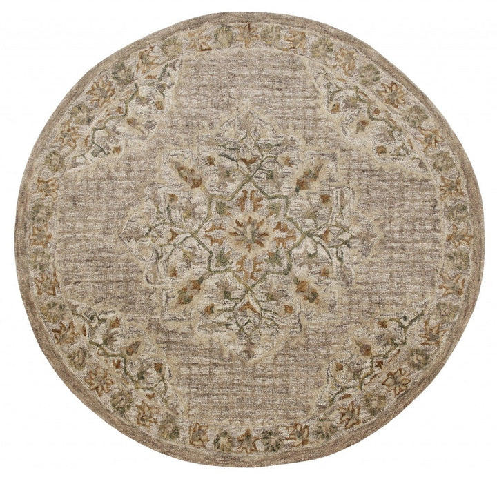 6 Round Beige Distressed Medallion Area Rug Image 1