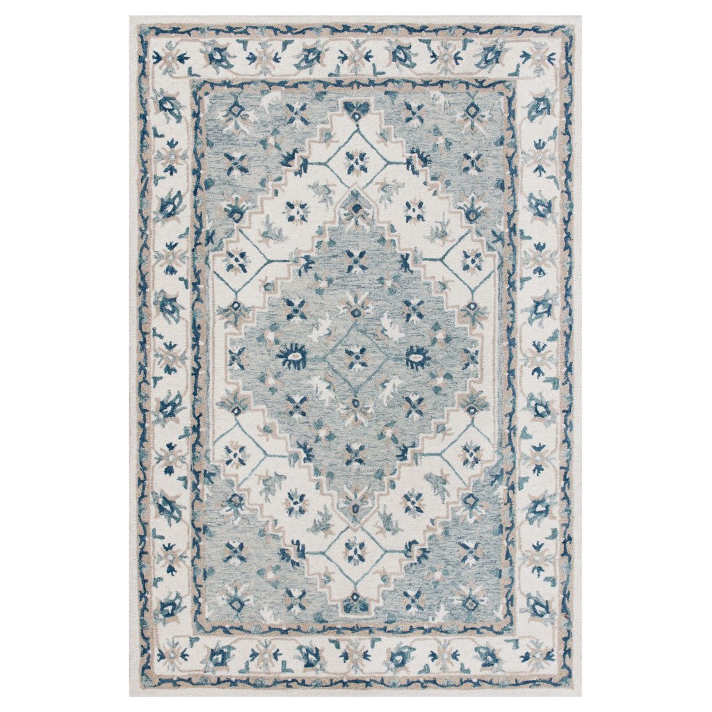 5 x 8 Blue and Ivory Wool Floral Hand Tufted Area Rug Image 1