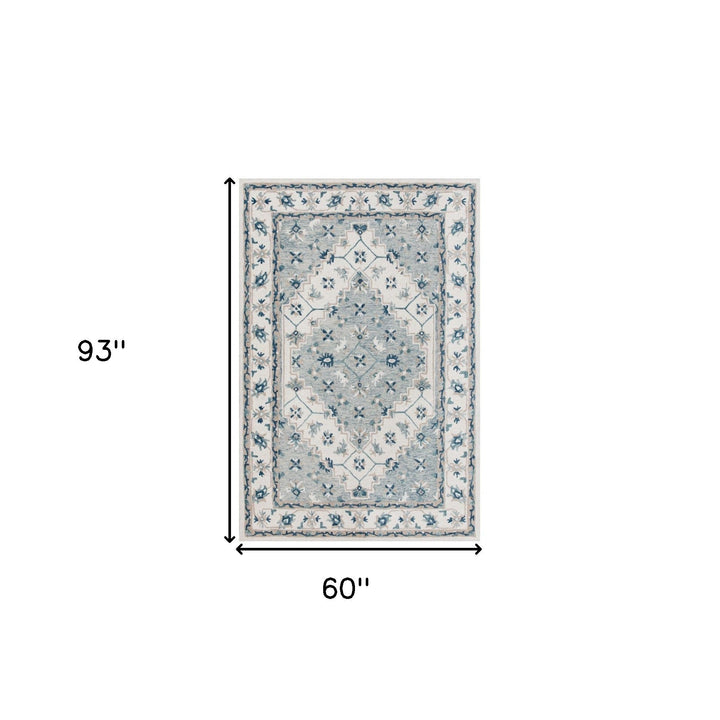 5 x 8 Blue and Ivory Wool Floral Hand Tufted Area Rug Image 10