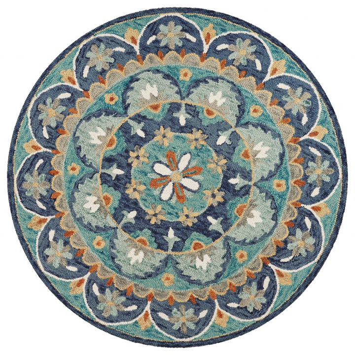 6 Blue And Green Round Wool Floral Hand Tufted Area Rug Image 11