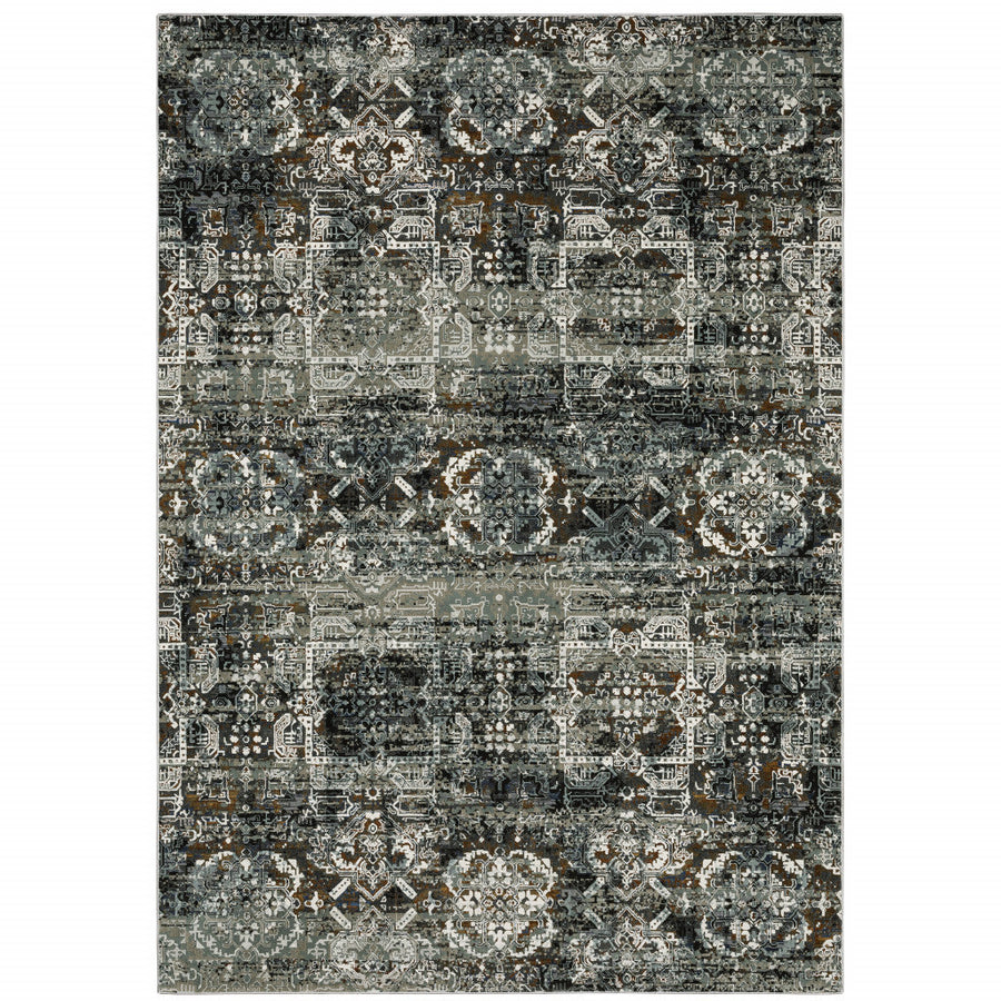 6 X 9 Ivory Charcoal Grey Blue Rust Gold And Brown Oriental Power Loom Stain Resistant Area Rug Image 1