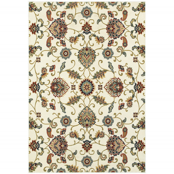 8 X 11 Ivory Green Blue Red Salmon And Yellow Floral Power Loom Stain Resistant Area Rug Image 1