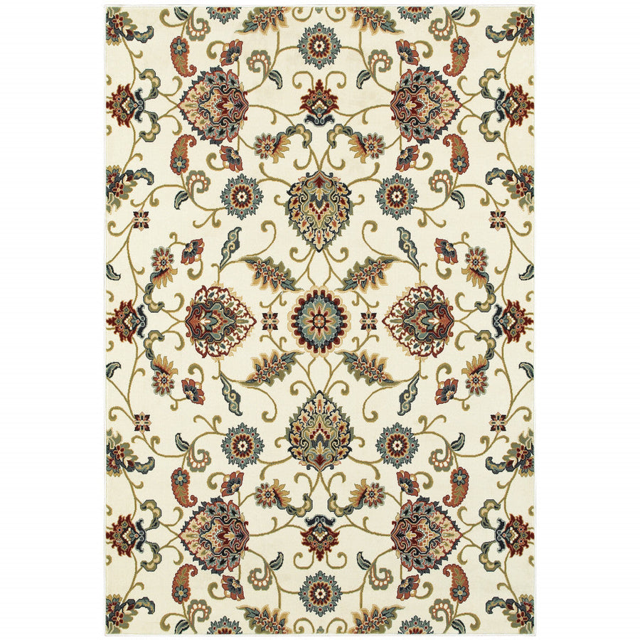 8 X 11 Ivory Green Blue Red Salmon And Yellow Floral Power Loom Stain Resistant Area Rug Image 1