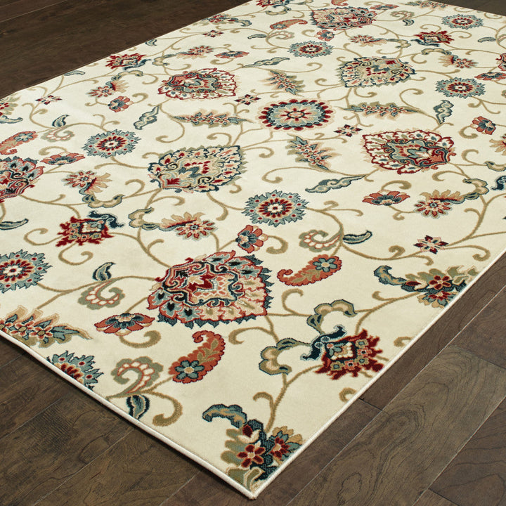 8 X 11 Ivory Green Blue Red Salmon And Yellow Floral Power Loom Stain Resistant Area Rug Image 2