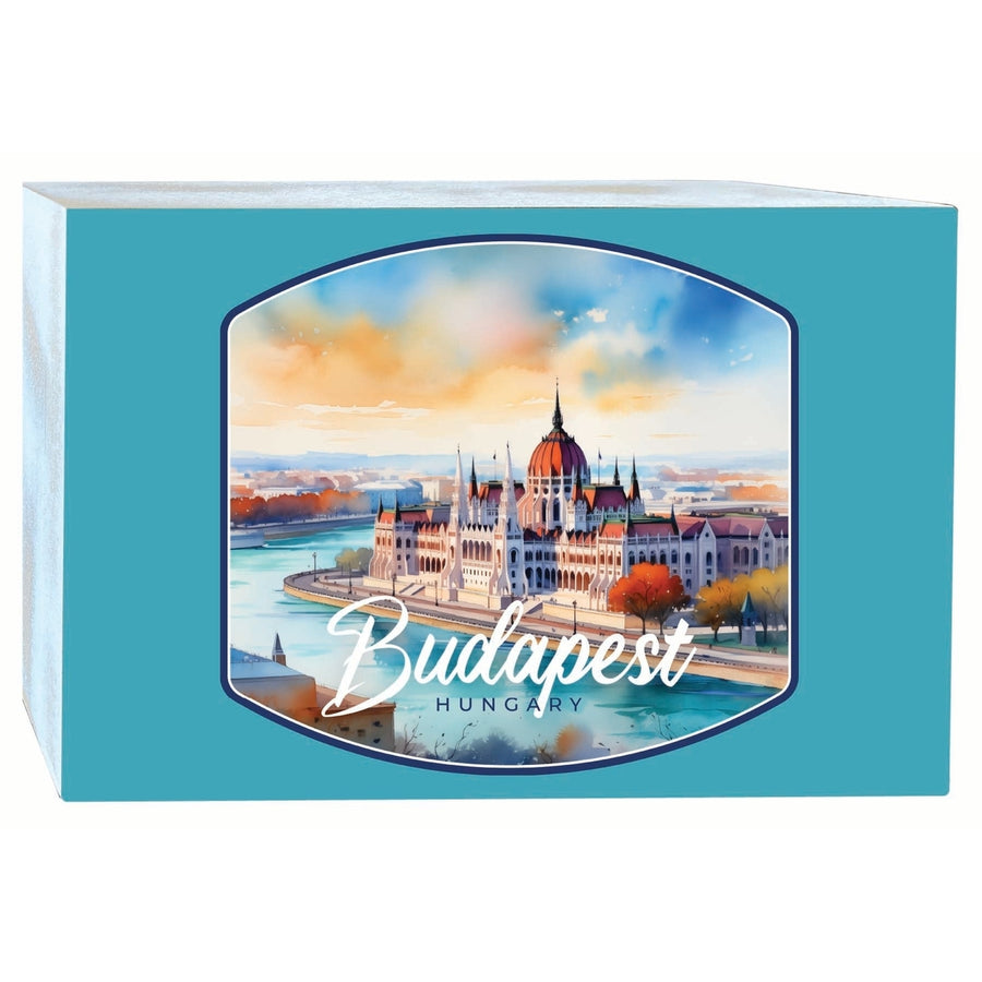 Budapest Hungary Watercolor Cityscape Design Souvenir Wood sign with frame 5x7 Image 1