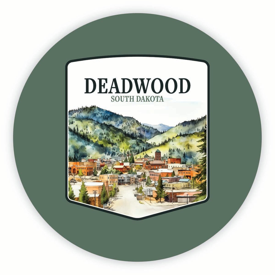 Deadwood South Dakota Watercolor Cityscape Design Souvenir Round Vinyl Decal Sticker Image 1