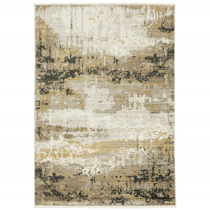 10 X 13 Grey Gold Black Charcoal And Beige Abstract Power Loom Stain Resistant Area Rug With Fringe Image 1