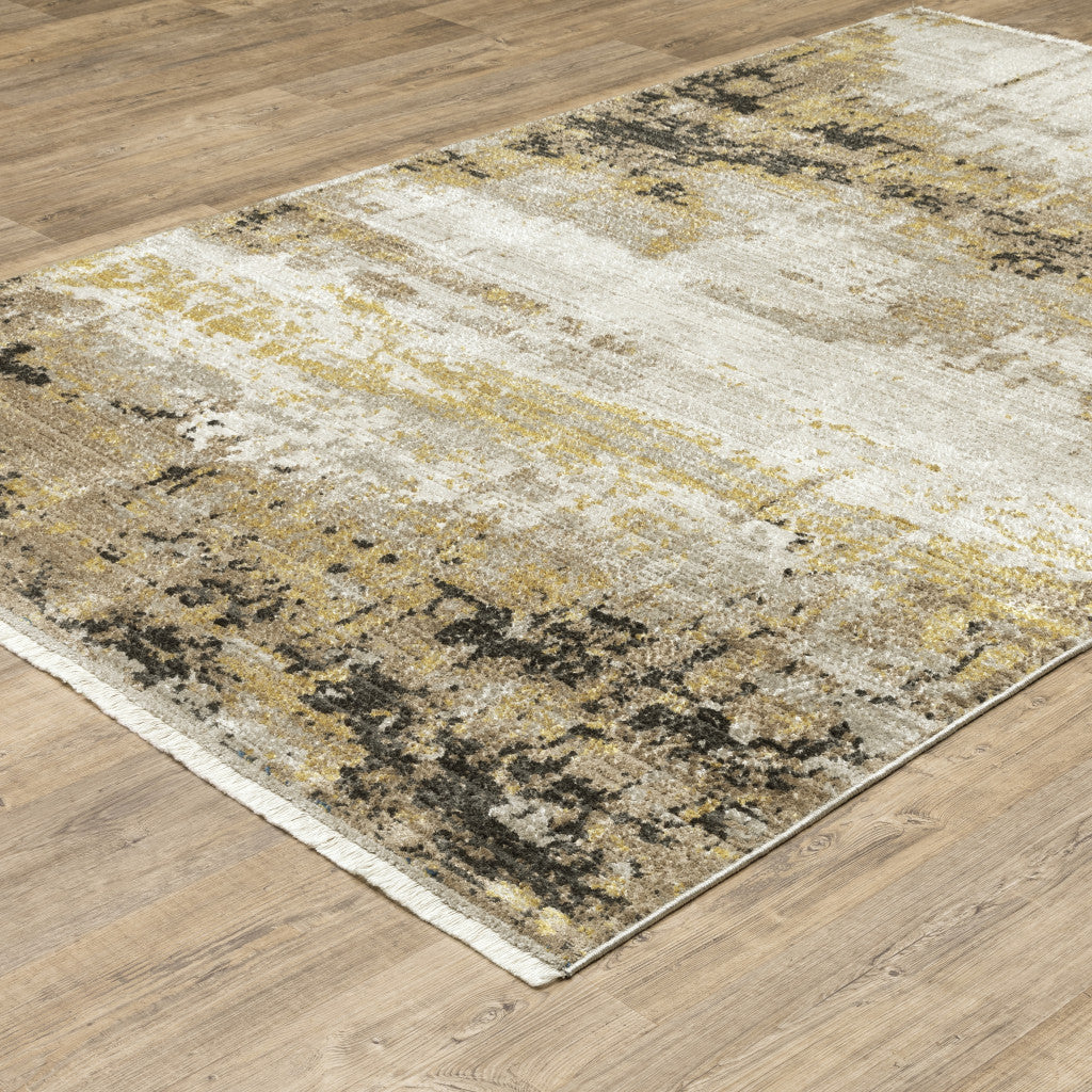 10 X 13 Grey Gold Black Charcoal And Beige Abstract Power Loom Stain Resistant Area Rug With Fringe Image 3