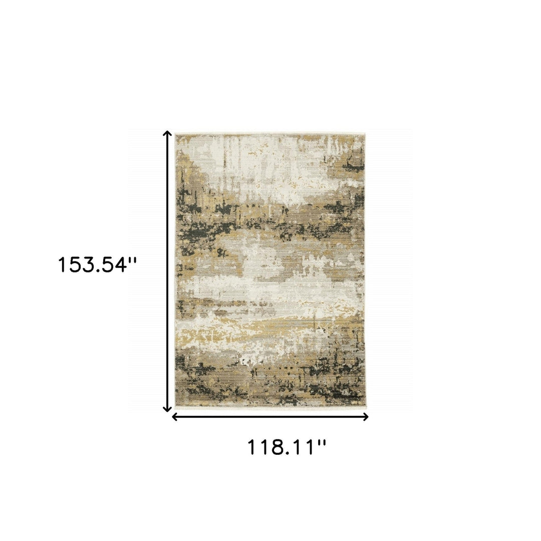 10 X 13 Grey Gold Black Charcoal And Beige Abstract Power Loom Stain Resistant Area Rug With Fringe Image 9