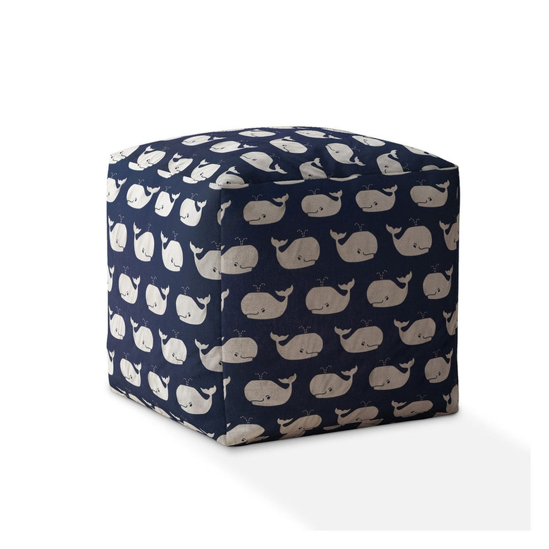 17" Blue and White Twill Animal Print Pouf Ottoman Image 1