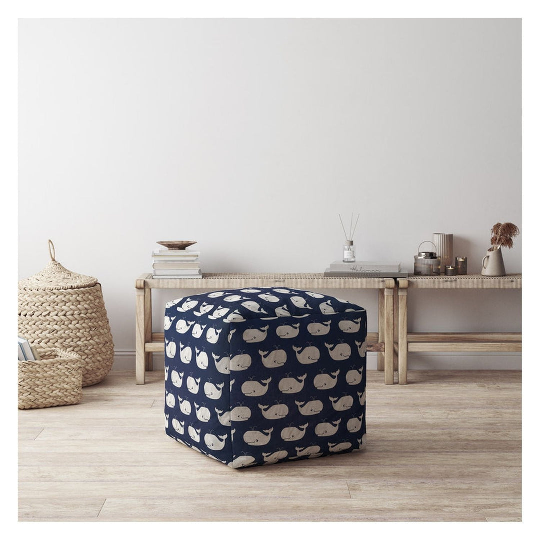 17" Blue and White Twill Animal Print Pouf Ottoman Image 2