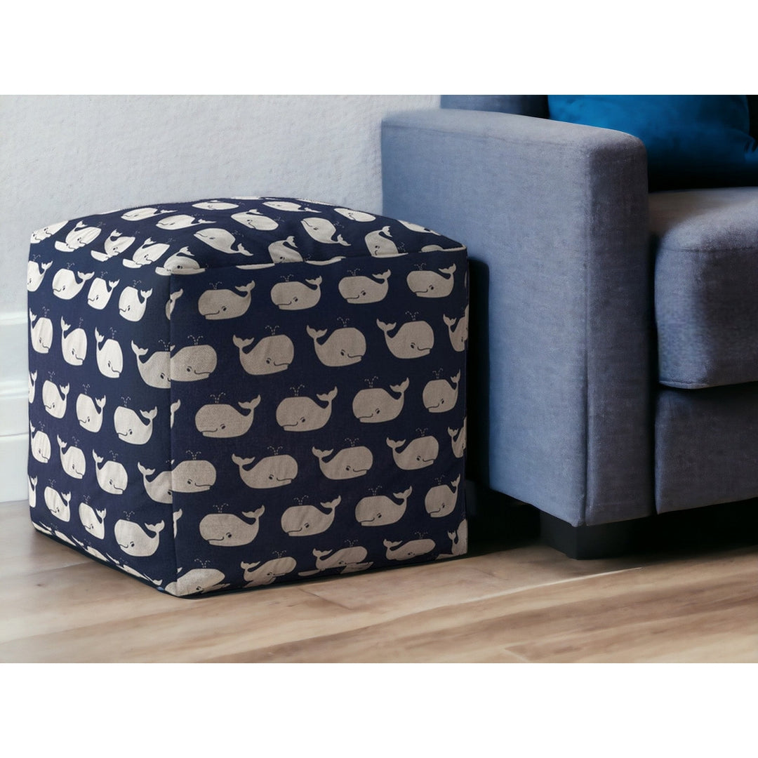 17" Blue and White Twill Animal Print Pouf Ottoman Image 5