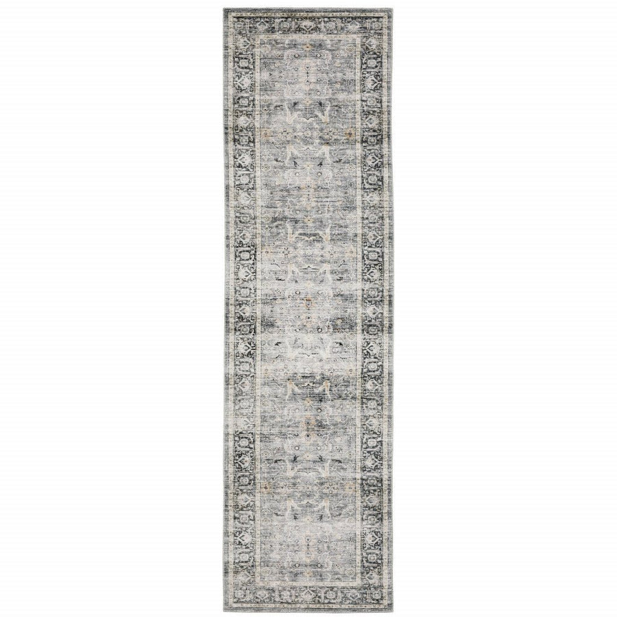 2 X 8 Charcoal Grey Salmon And Ivory Oriental Printed Stain Resistant Non Skid Runner Rug Image 1