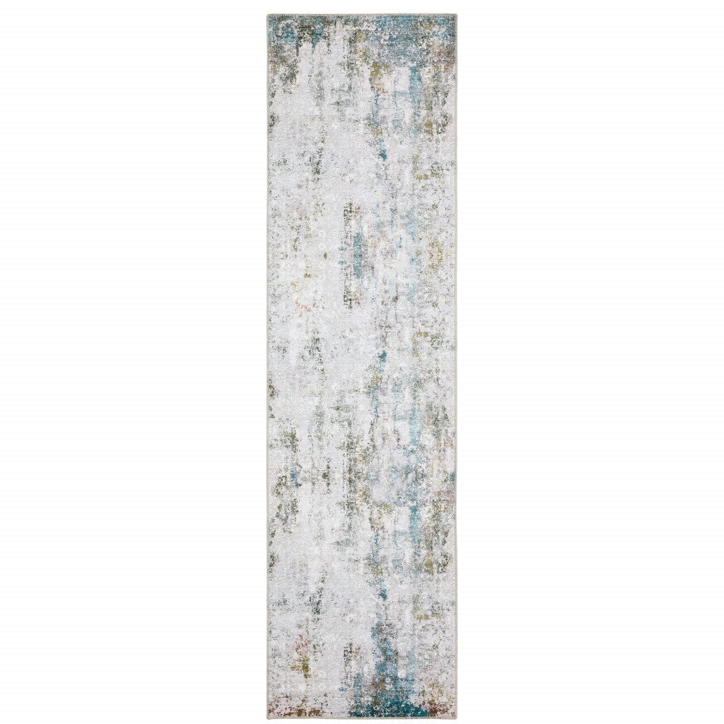 2 X 8 Ivory And Blue Abstract Printed Stain Resistant Non Skid Runner Rug Image 1