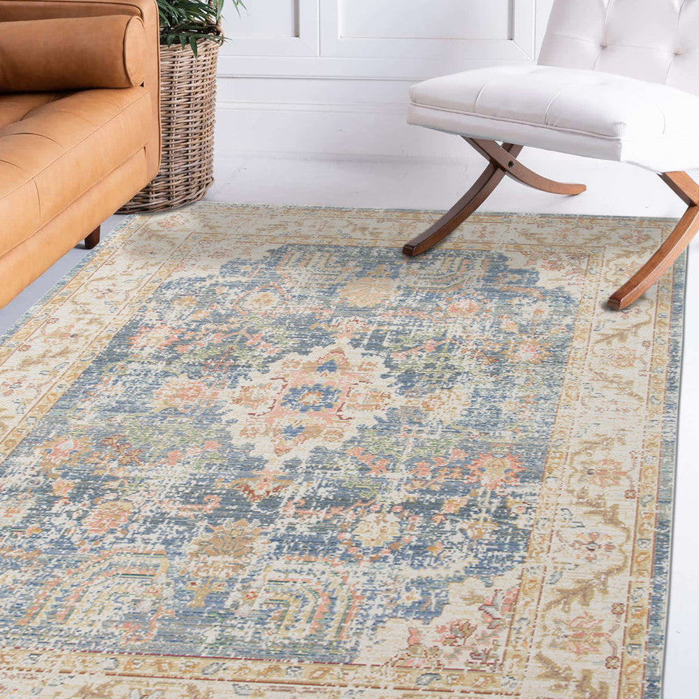 2 x 3 Blue and Ivory Oriental Power Loom Distressed Area Rug Image 2