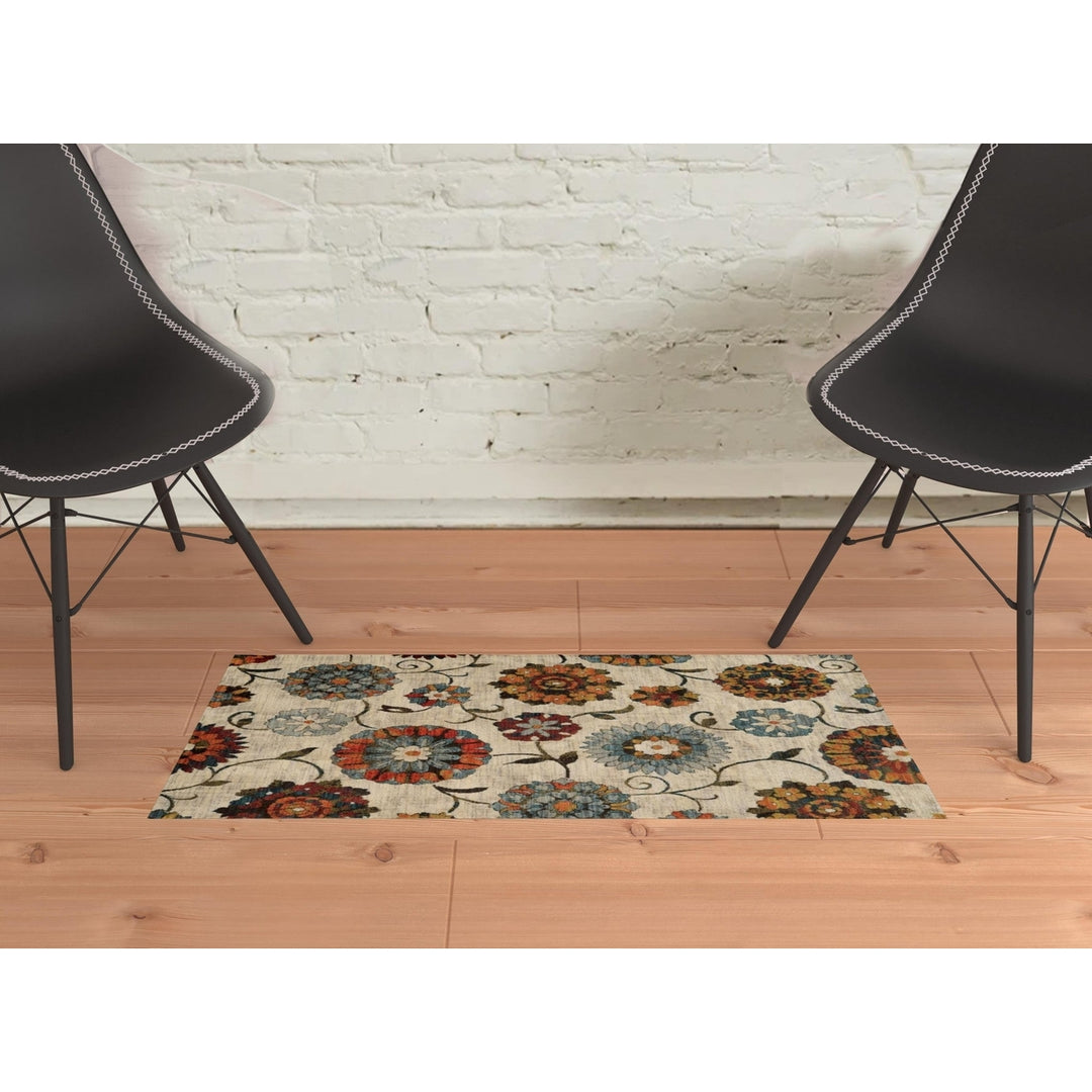 2 X 3 Ivory Blue Gold Green Orange Rust And Teal Floral Power Loom Stain Resistant Area Rug Image 6