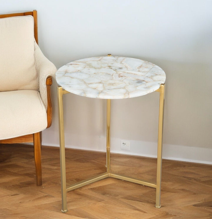 20" Gold And White Genuine Marble Look Round End Table Image 4