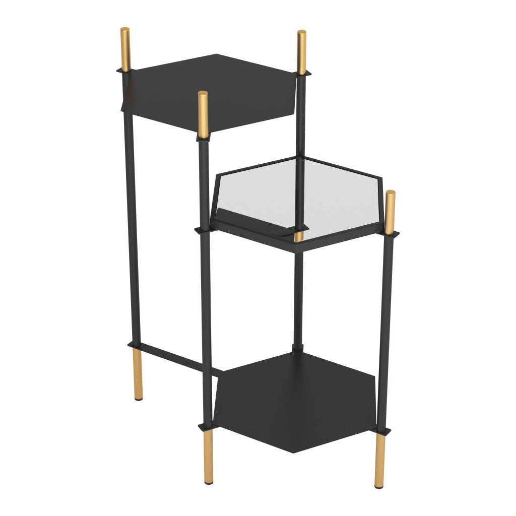 27" Gold And Black Glass End Table With Two Shelves Image 7