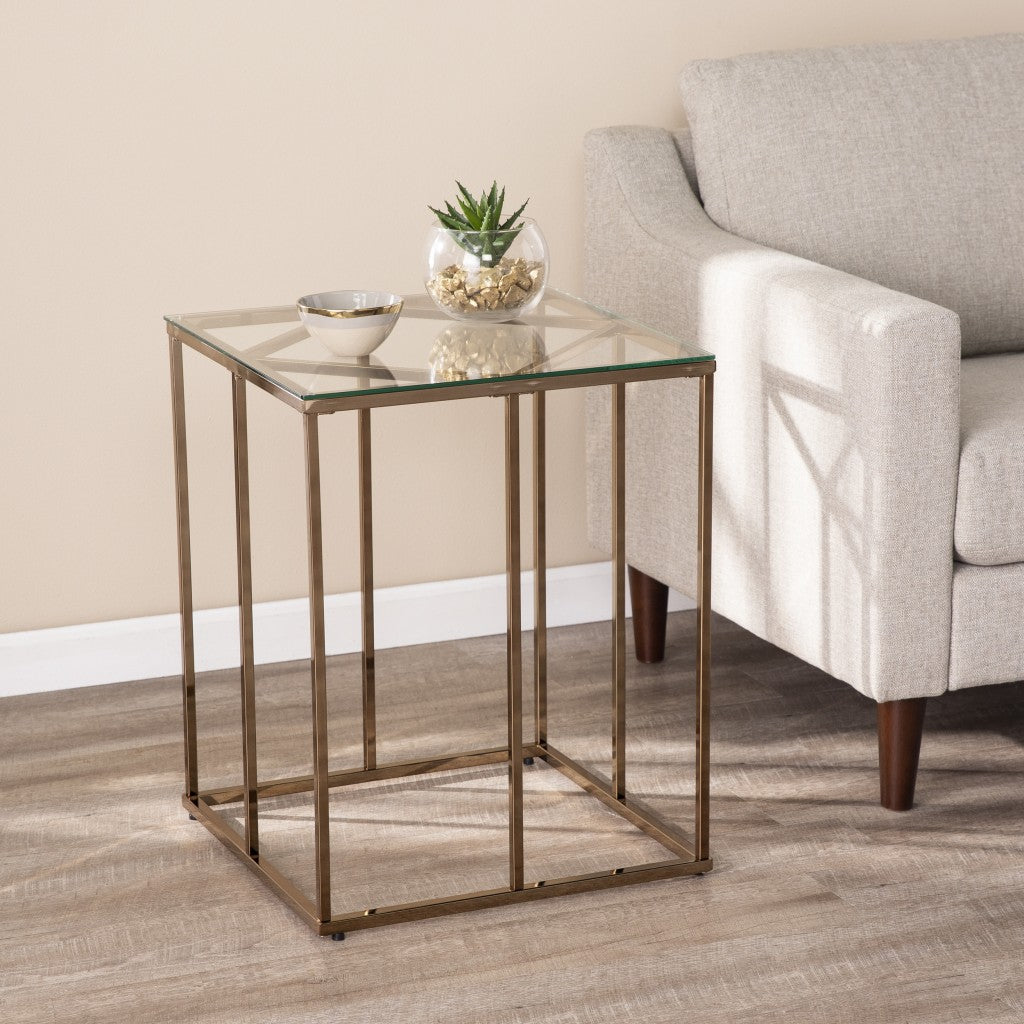 24" Champagne Glass And Iron Square End Table Image 1