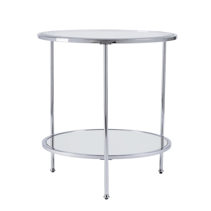 26" Chrome Glass And Iron Round Mirrored End Table With Shelf Image 1