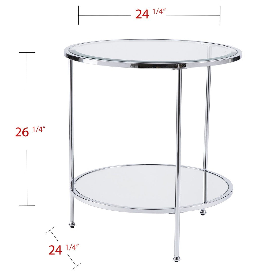 26" Chrome Glass And Iron Round Mirrored End Table With Shelf Image 2