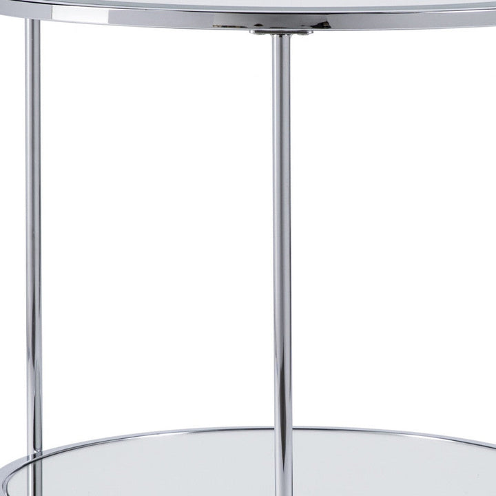 26" Chrome Glass And Iron Round Mirrored End Table With Shelf Image 4