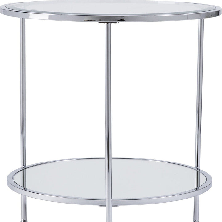 26" Chrome Glass And Iron Round Mirrored End Table With Shelf Image 5