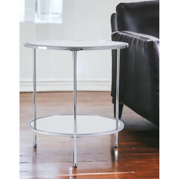 26" Chrome Glass And Iron Round Mirrored End Table With Shelf Image 6