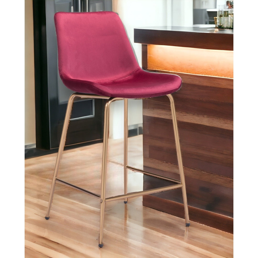 26" Red And Copper Velvet And Steel Low Back Counter Height Bar Chair Image 2