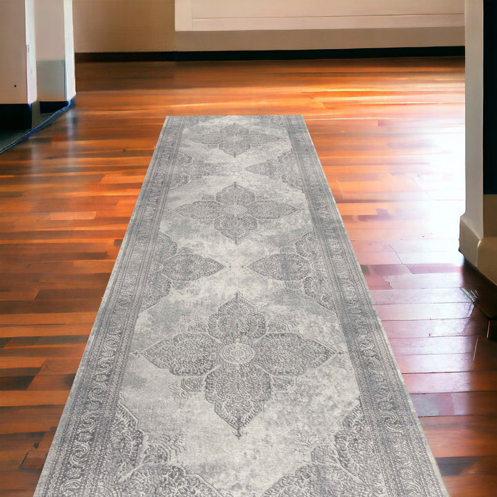 2 X 10 Gray Distressed Medallion Runner Rug Image 4