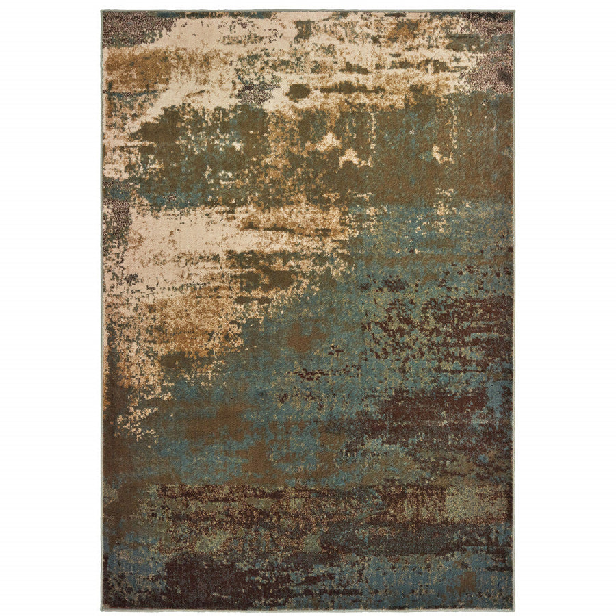 3 X 5 Teal Blue Brown Green And Beige Abstract Power Loom Stain Resistant Area Rug Image 1