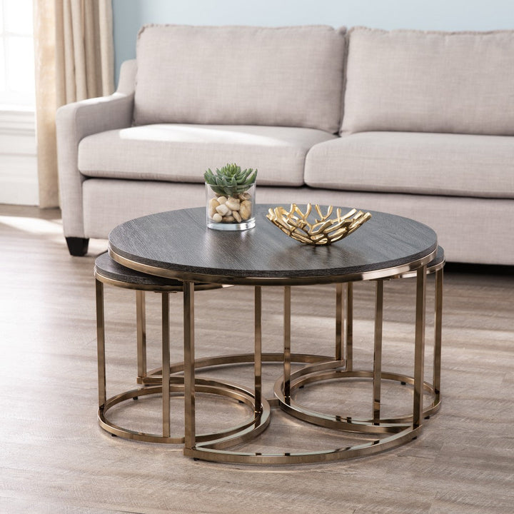 32" Champagne And Charcoal Manufactured Wood And Metal With Iron Round Coffee Table Image 1