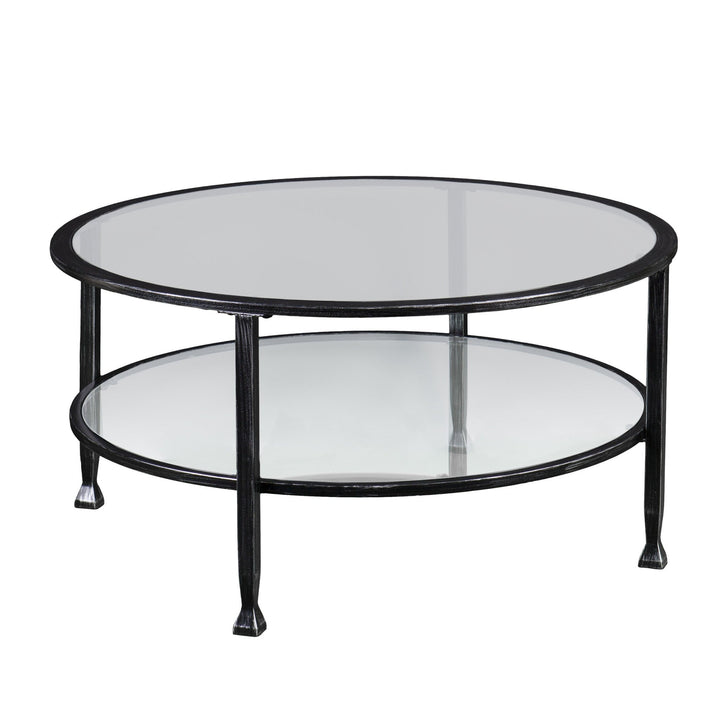 36" Black Glass And Metal Round Coffee Table Image 2