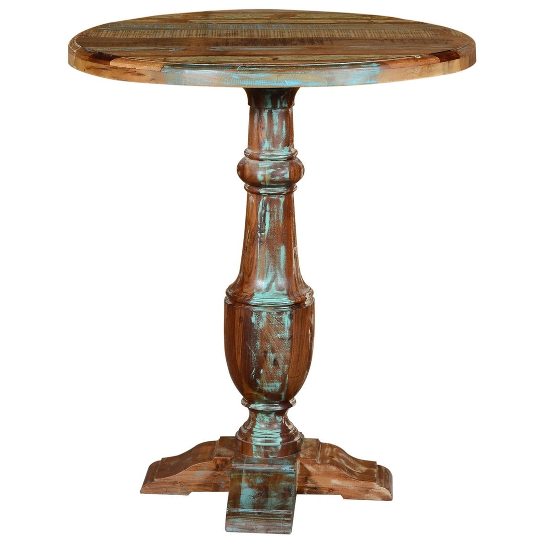 36" Brown and Patina Distressed Wood Round Pedestal High Top Table Image 1