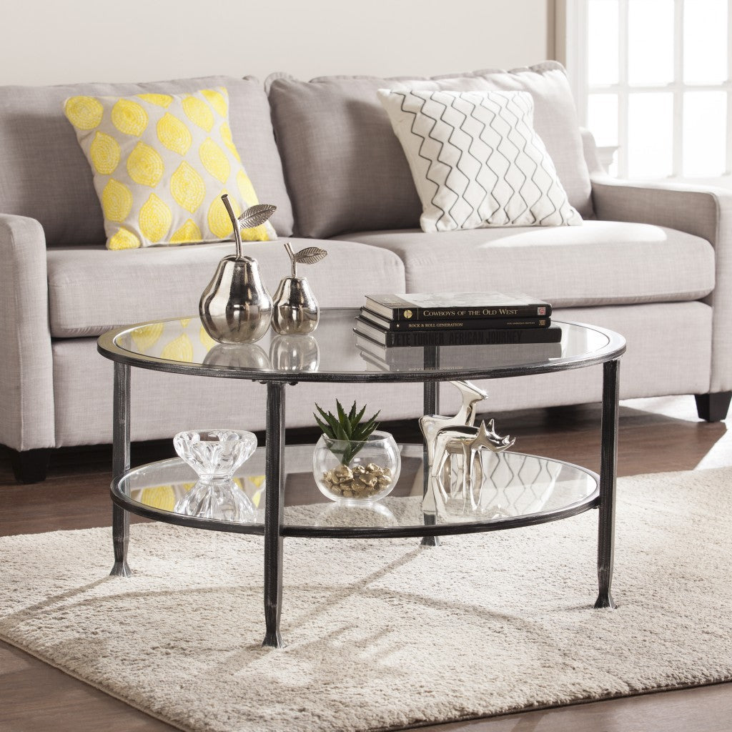 36" Black Glass And Metal Round Coffee Table Image 9