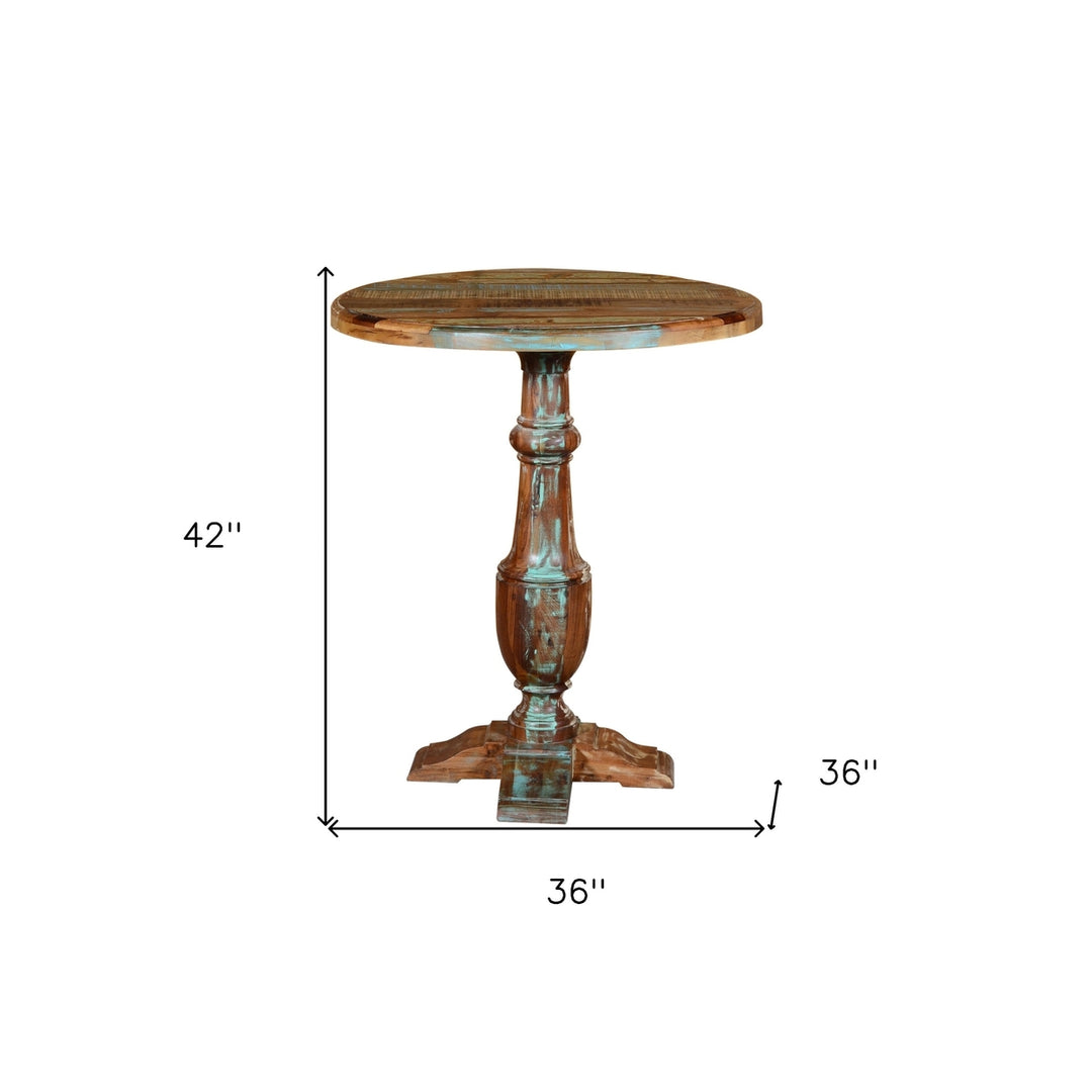 36" Brown and Patina Distressed Wood Round Pedestal High Top Table Image 4