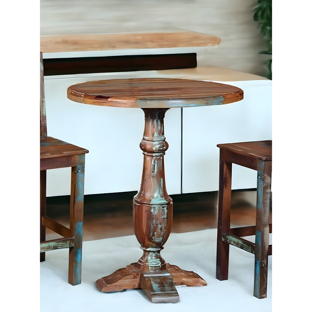 36" Brown and Patina Distressed Wood Round Pedestal High Top Table Image 5