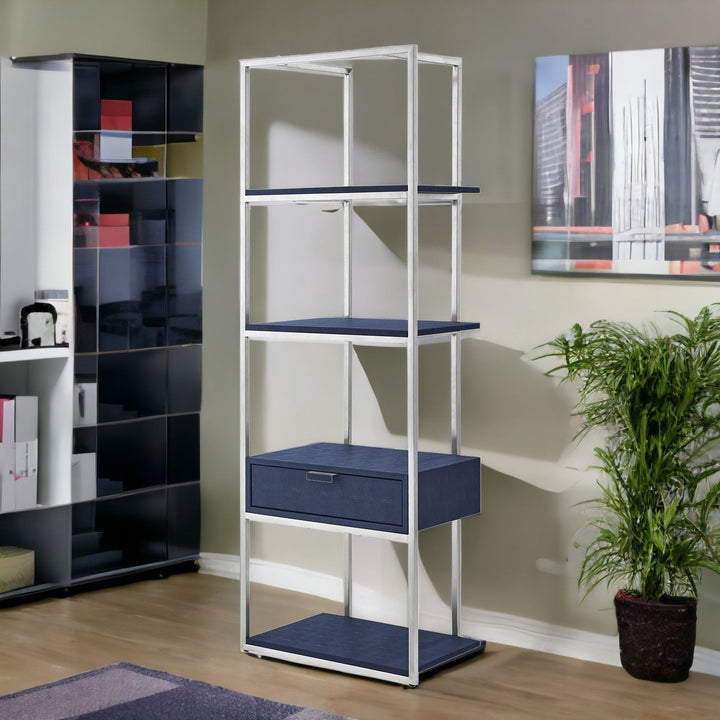 68" Navy Blue Stainless Steel Four Tier Etagere Bookcase with a drawer Image 3