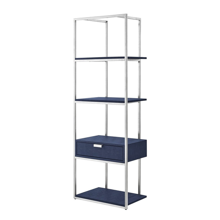 68" Navy Blue Stainless Steel Four Tier Etagere Bookcase with a drawer Image 10